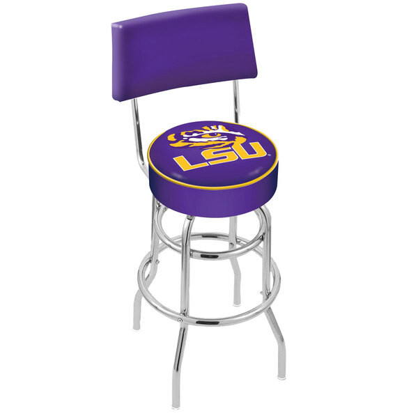 A purple Holland Bar Stool with a yellow LSU Tigers logo on the seat and back.