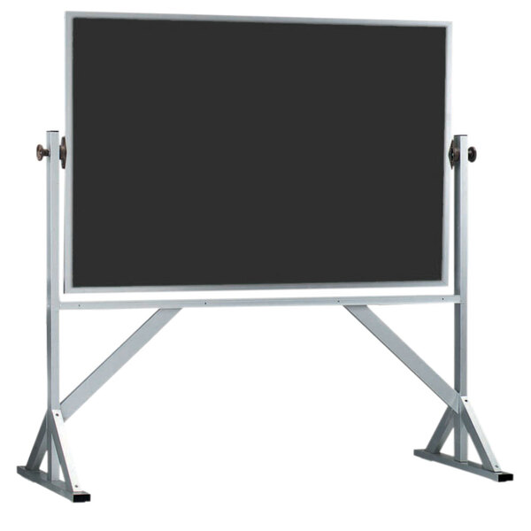 A black rectangular Aarco chalkboard with a white metal frame on a stand.