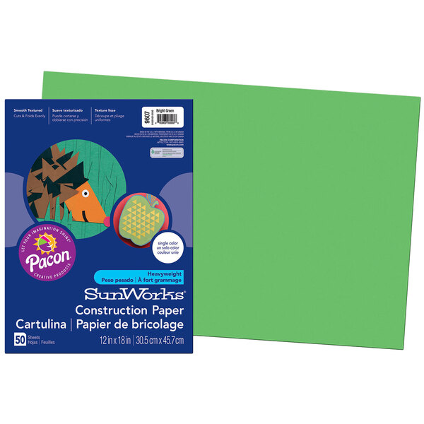 SunWorks 9607 12" x 18" Bright Green Pack of 58# Construction Paper - 50 Sheets
