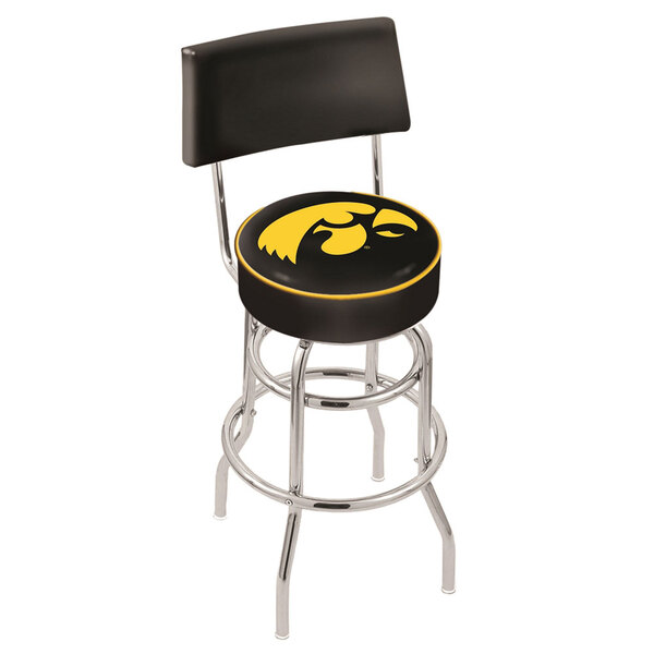 A black and yellow University of Iowa bar stool with a black padded back and seat with yellow logo.