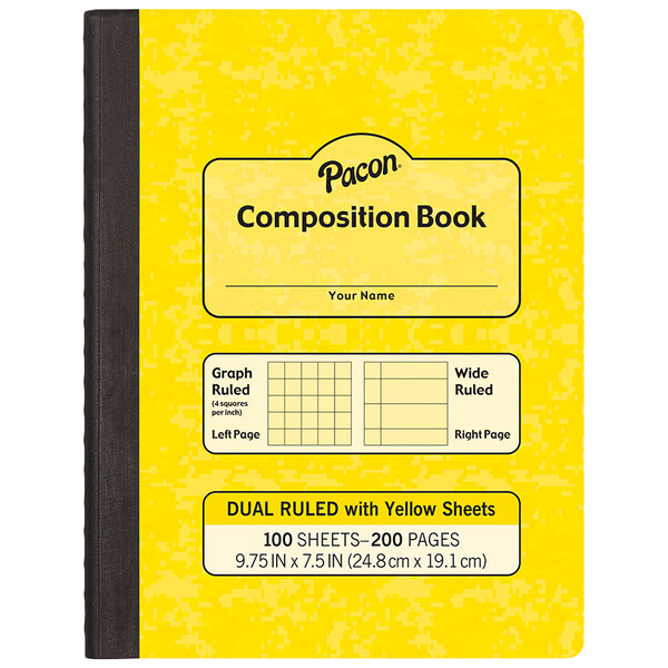 A yellow composition book with a black grid and border.