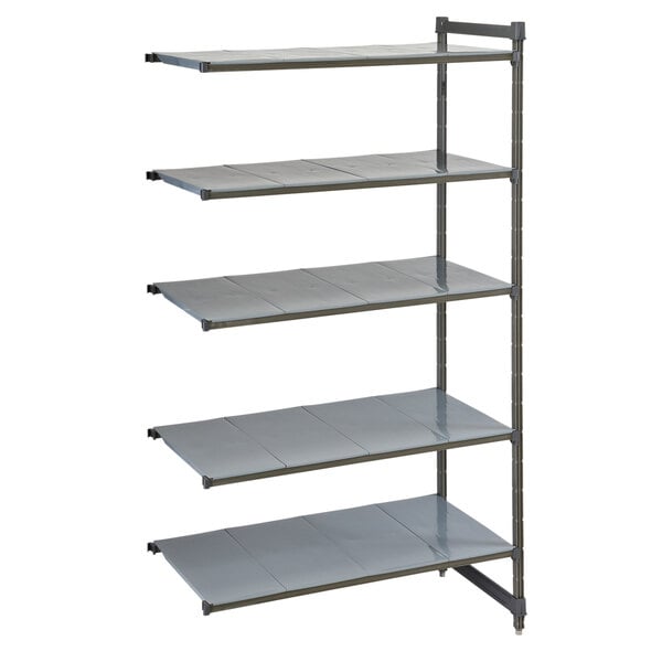 A grey Cambro Camshelving® Basics Plus Add On Unit with 5 shelves.