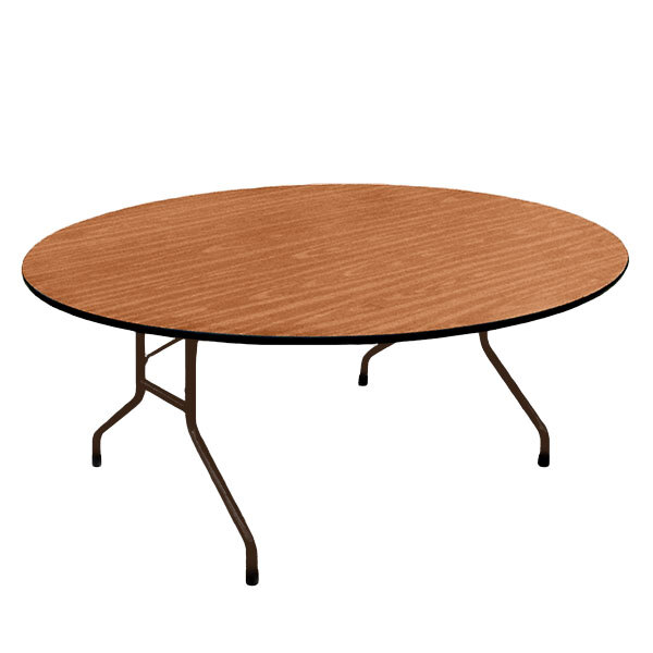 A Correll oval wooden folding table with metal legs.