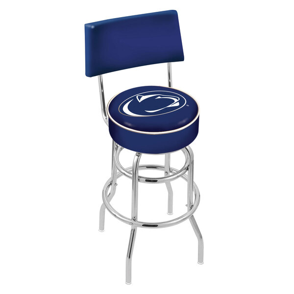 A blue Holland Bar Stool with a Penn State University logo on the backrest and seat pad and a chrome double ring.
