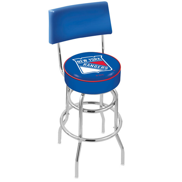A blue Holland Bar Stool with New York Rangers logo on the seat and padded back, and a swivel seat.
