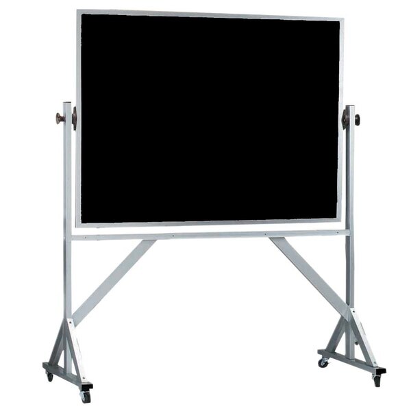 A black rectangular board with a white border on a stand.