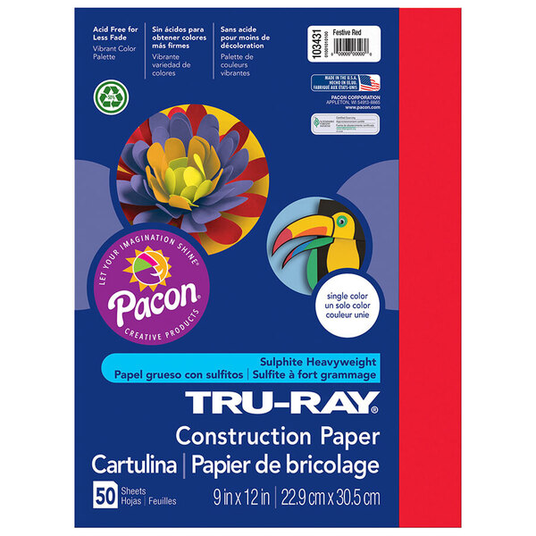 Pacon 103431 Tru-Ray 9" x 12" Festive Red Pack of 76# Construction Paper - 50 Sheets