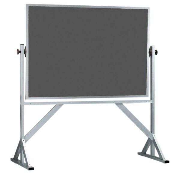 A grey rectangular chalkboard with a white metal frame on a stand.