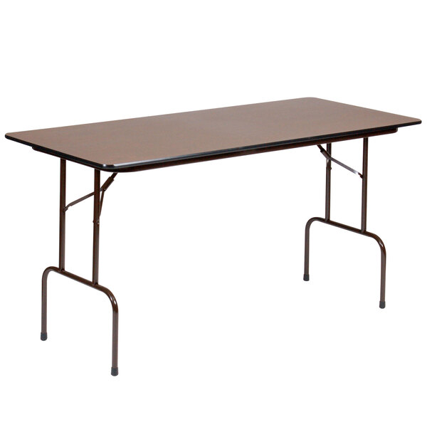 A rectangular Correll walnut folding table with a brown top on a metal frame.