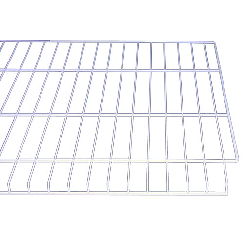 A white wire shelf with metal grid.