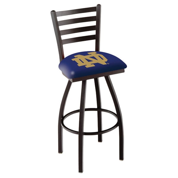 A blue and gold Holland Bar Stool with Notre Dame logo on the cushion.