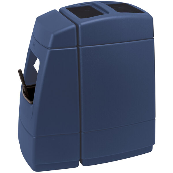 A dark blue rectangular open top trash container with a black lid.