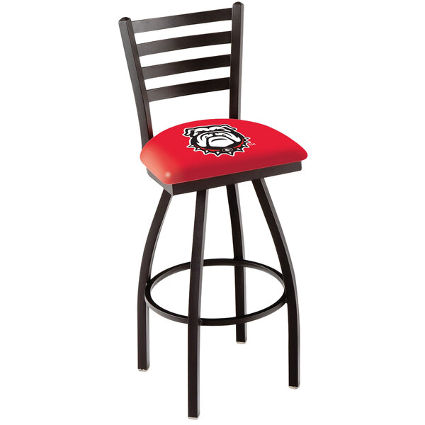 A Holland Bar Stool swivel stool with University of Georgia logo and red padded seat.