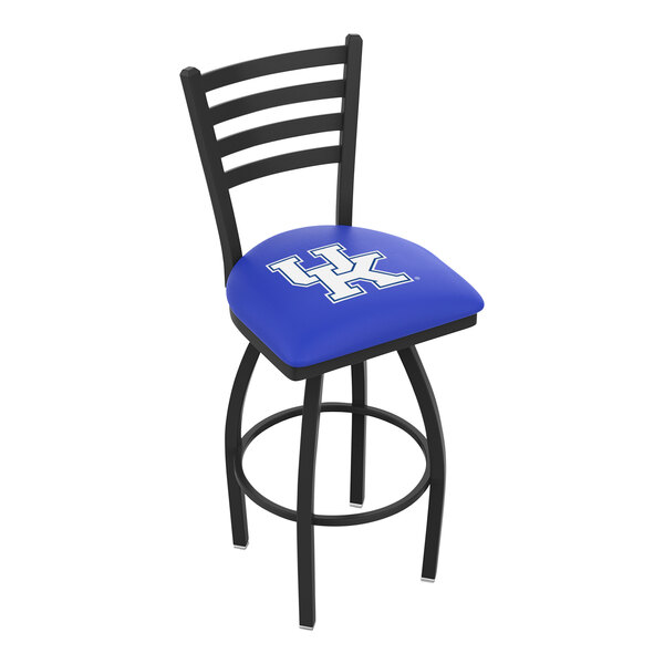 A blue and black Holland Bar Stool with University of Kentucky logo on the back and a blue cushion.