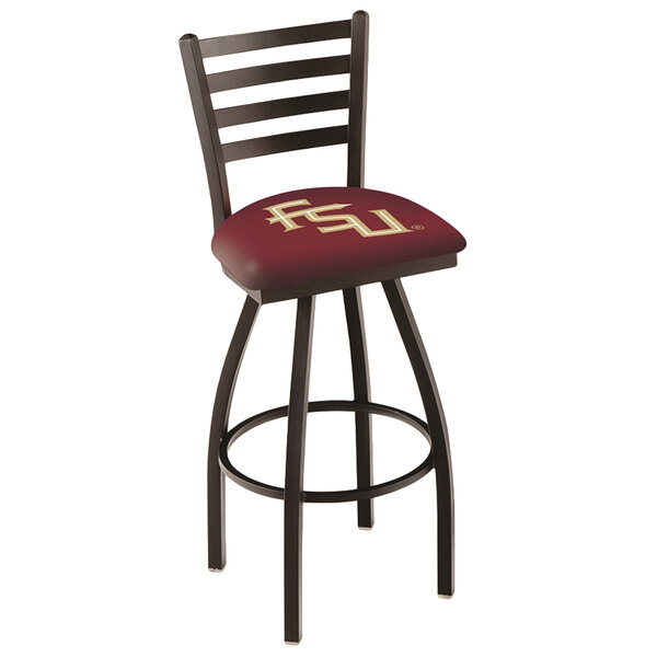 A Holland Bar Stool Florida State swivel stool with a padded seat and ladder back with a Florida State logo on it.