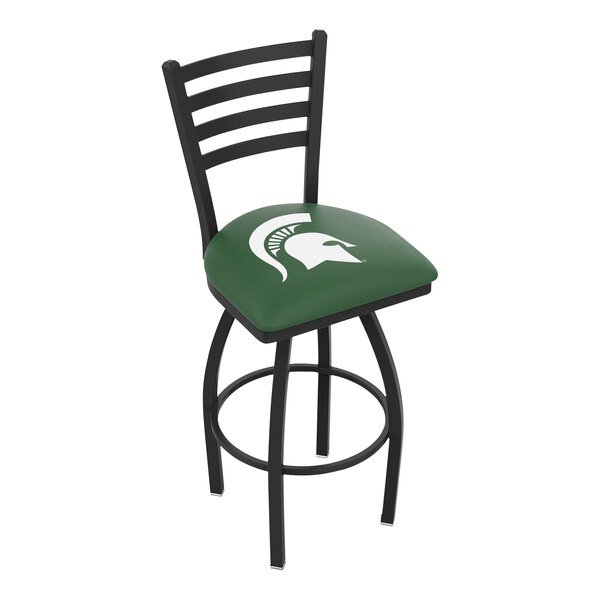A green Holland Bar Stool with a white Michigan State University logo on the padded seat and ladder back.