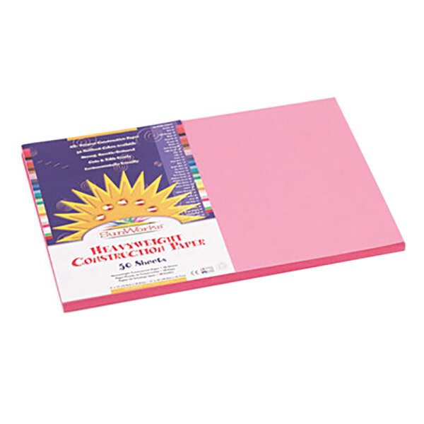 A pack of SunWorks pink construction paper with a logo on it.