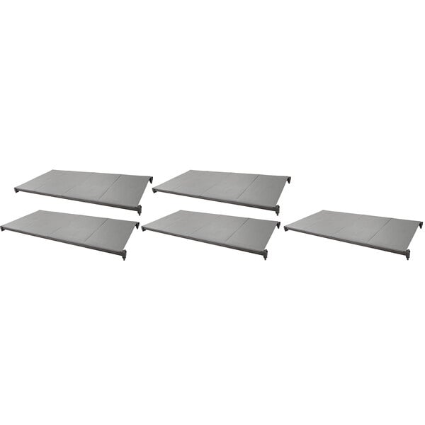 Four grey Camshelving Basics Plus shelves on a white background.
