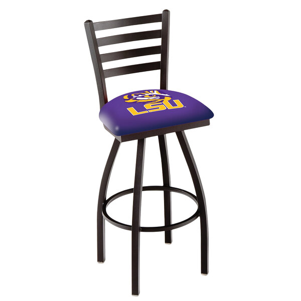 A Holland Bar Stool LSU swivel stool with a purple cushion and a black frame with a logo on it.