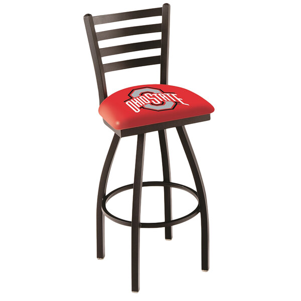 A Holland Bar Stool Ohio State University swivel stool with ladder back and padded seat with an Ohio State logo on the seat.