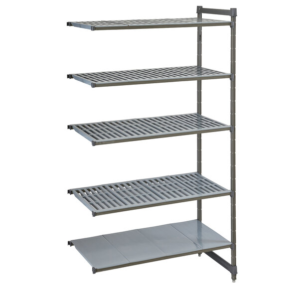 A Cambro Camshelving® Basics Plus add on unit with 4 vented shelves and 1 solid shelf. The shelves are grey plastic grates with holes.