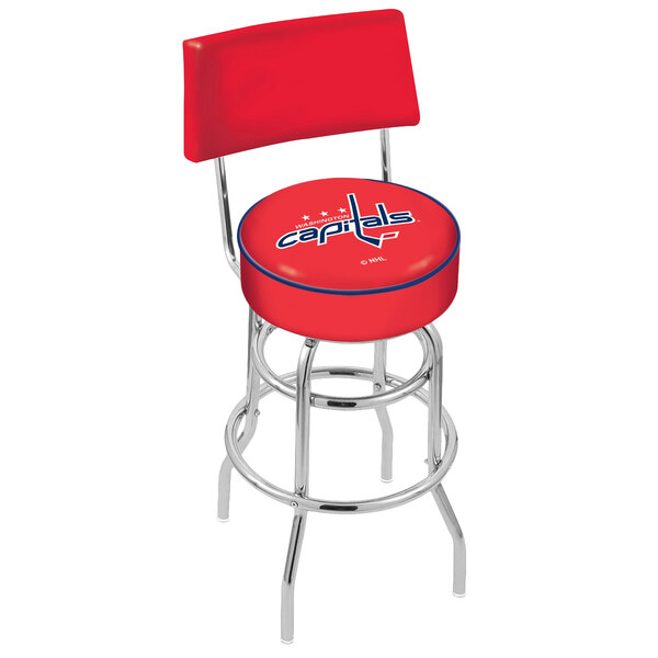 A red Holland Bar Stool with Washington Capitals logo and cushioned swivel seat.