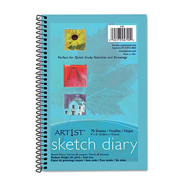 A spiral bound white Pacon sketch diary with a blue label.