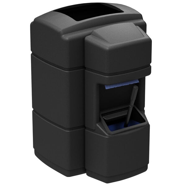 A black rectangular open top waste container with paper towel dispenser, squeegee, and windshield wash station.