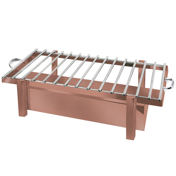 A copper coated stainless steel grill stand with removable grill top.