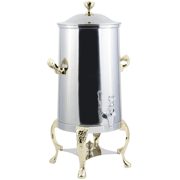 A Bon Chef stainless steel electric coffee chafer urn with brass trim.