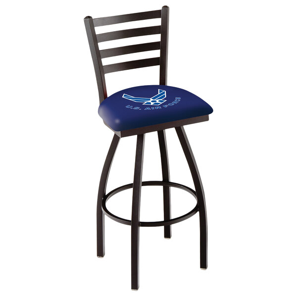 A Holland Bar Stool United States Air Force swivel stool with ladder back and padded navy blue seat.