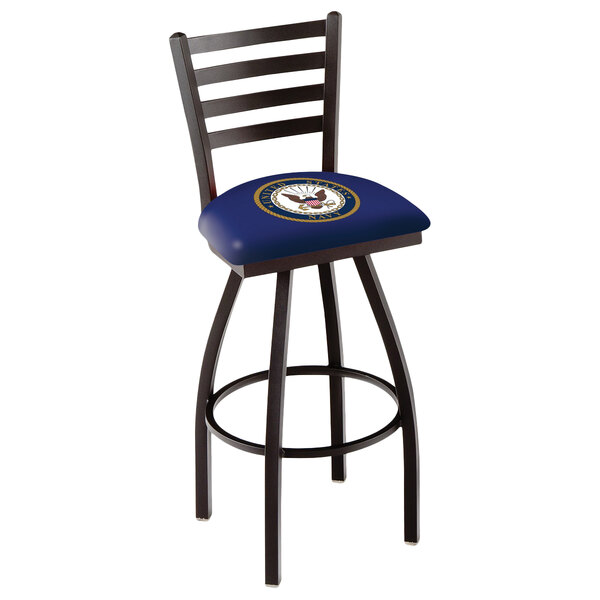 A Holland Bar Stool United States Navy swivel stool with a blue cushioned seat and ladder back.