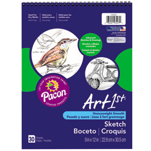 A blue and green box with a purple and green design for a Pacon Art1st white spiral bound sketch pad with a drawing of a bird on the cover.