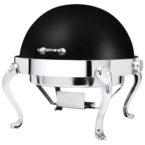 A black and silver Eastern Tabletop Queen Anne round chafer with legs.