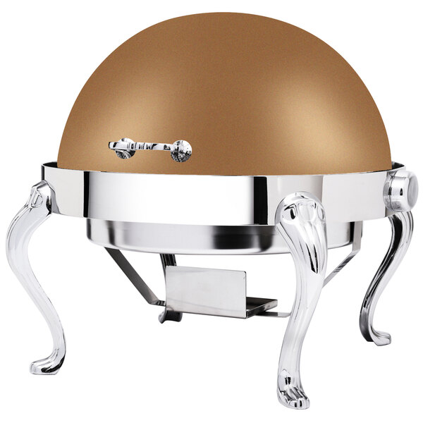 A round bronze coated stainless steel chafing dish with legs.