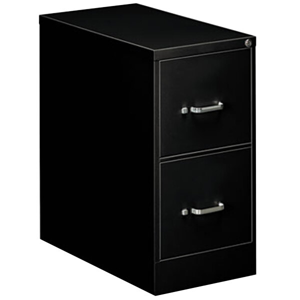 A black Alera letter filing cabinet with two drawers and silver handles.