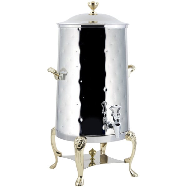 A silver and gold Bon Chef coffee chafer urn with a lid.