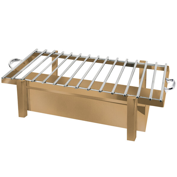 A bronze coated stainless steel Eastern Tabletop grill stand with removable grill top.