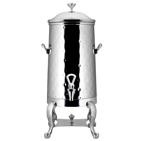 A silver metal Bon Chef Roman electric coffee chafer urn with a lid.
