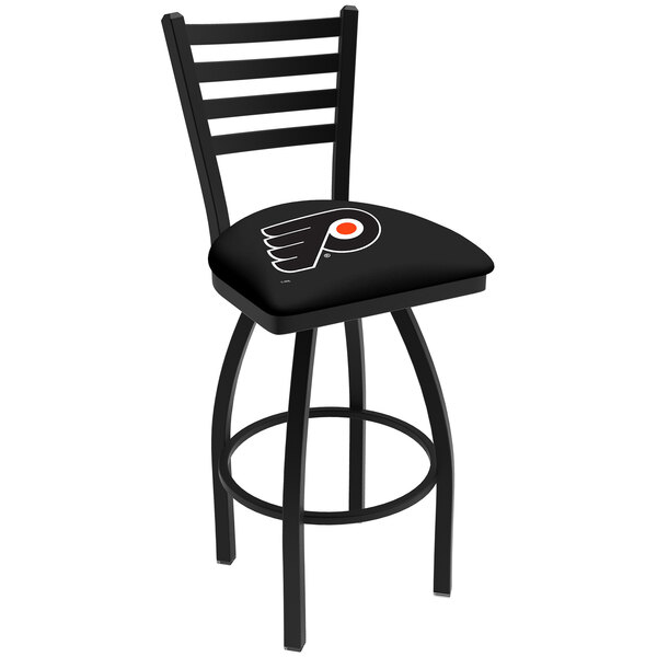 A black swivel bar stool with a Philadelphia Flyers logo on the padded seat and ladder back.
