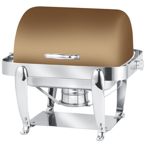 An Eastern Tabletop bronze coated stainless steel rectangular roll top chafer with a brown lid on a table.