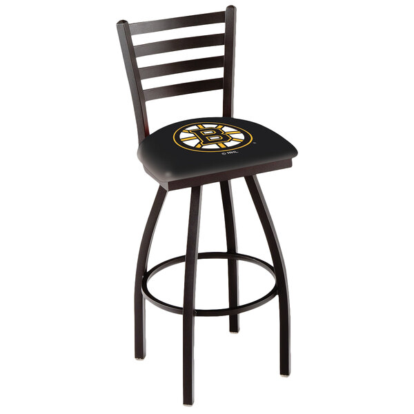 A black Holland Bar Stool with Boston Bruins logo on the padded seat and ladder back.