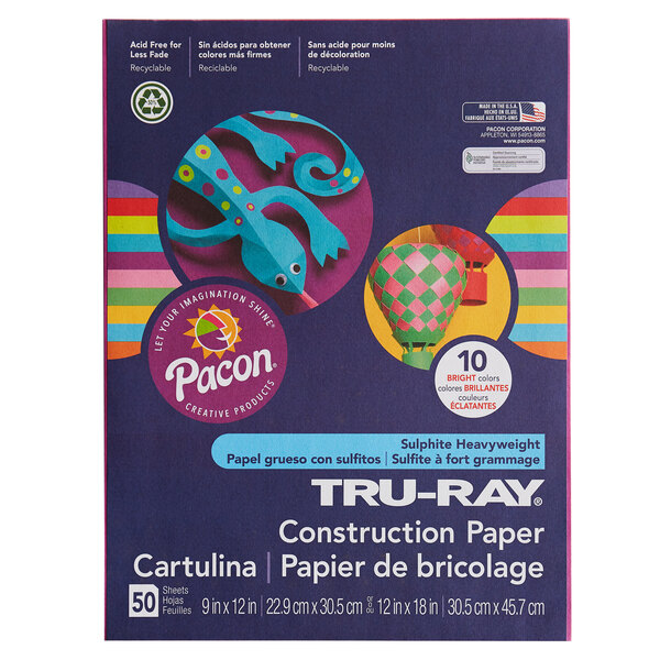 A box of Pacon Tru-Ray construction paper in assorted bright colors.