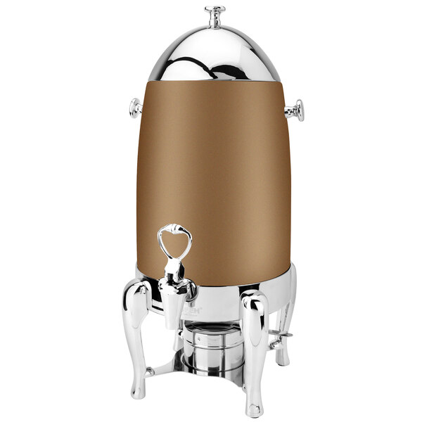 A bronze coated stainless steel coffee urn with chrome accents.