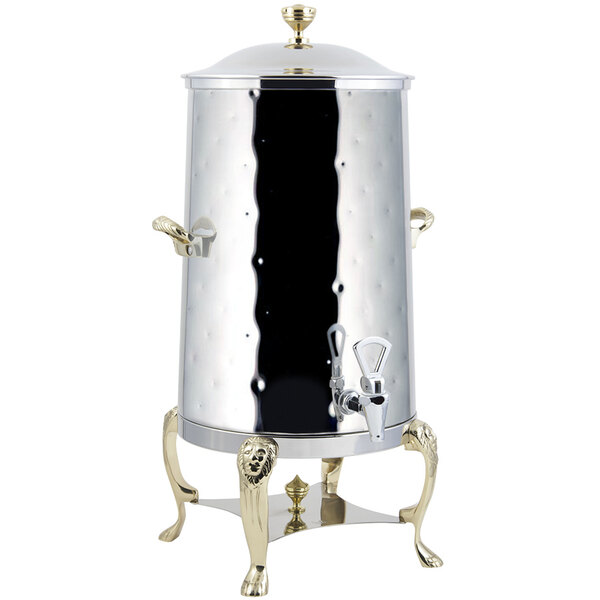 A Bon Chef stainless steel coffee chafer urn with brass trim and a lid.