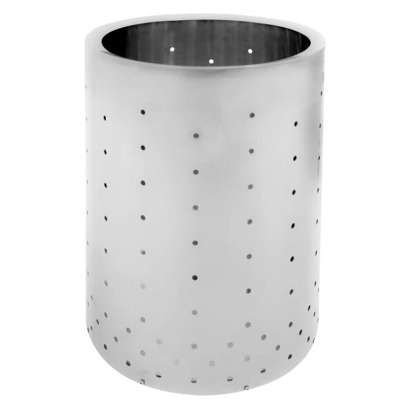 A stainless steel salad spinner basket with holes.
