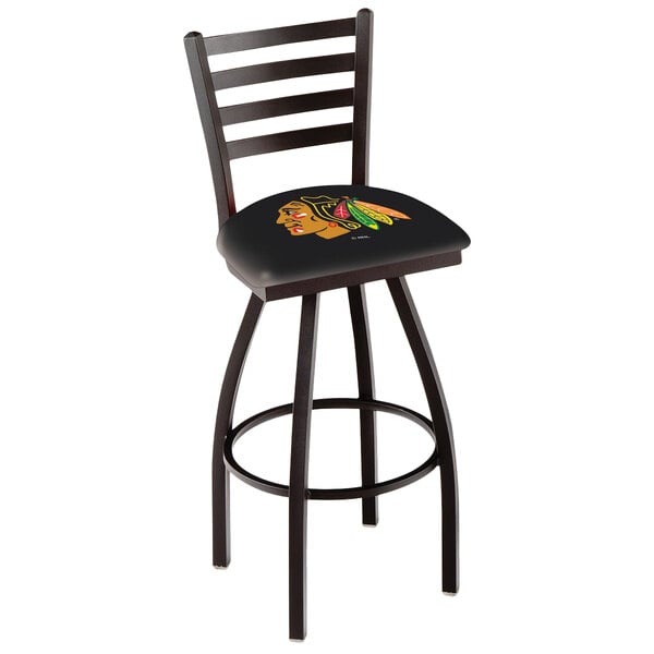 A black Holland Bar Stool with a Chicago Blackhawks logo on the padded seat and ladder back.