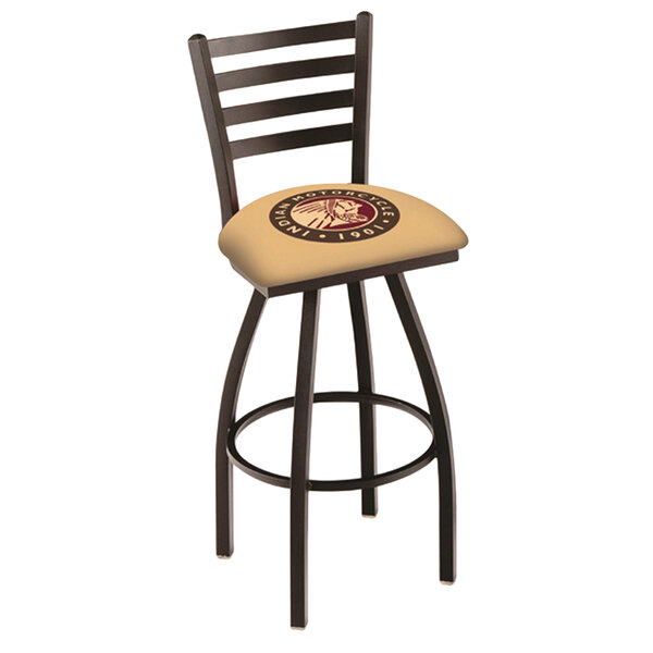 An Indian Motorcycle swivel stool with a padded beige seat with a circular logo.