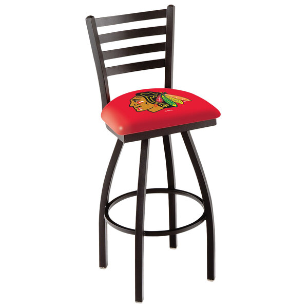 A black Holland Bar Stool swivel bar stool with a Chicago Blackhawks logo on the padded seat.
