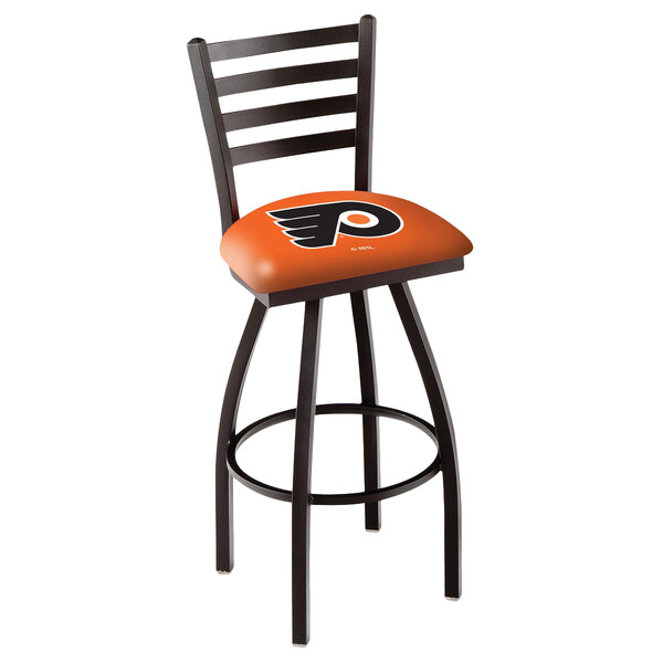 A Holland Bar Stool Philadelphia Flyers swivel stool with a logo on the padded seat.